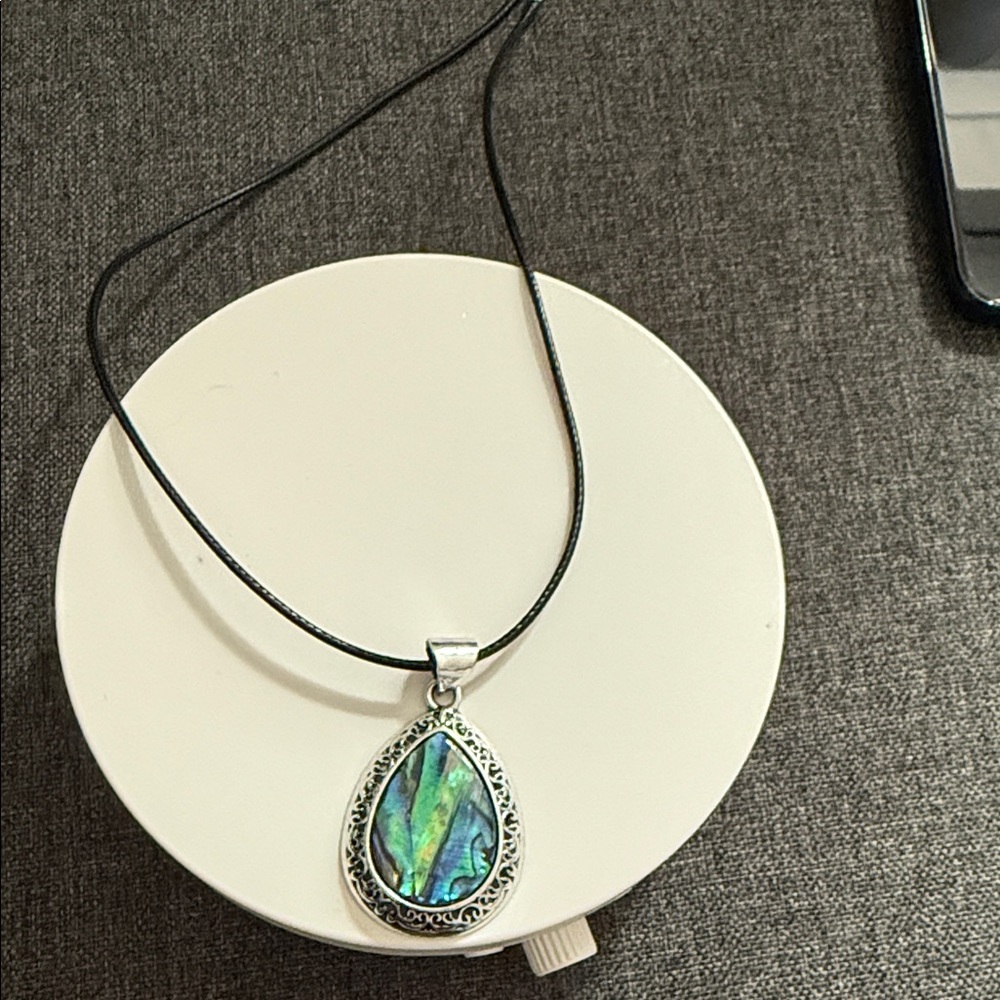 Silver and Blue Abolone Teardrop Pendant Necklace